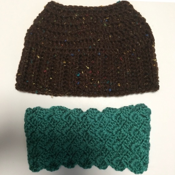 PONYTAIL TOBOGGAN BEANIE BROWN SPECKLED & GREEN HEADBAND HANDMADE - Picture 1 of 7